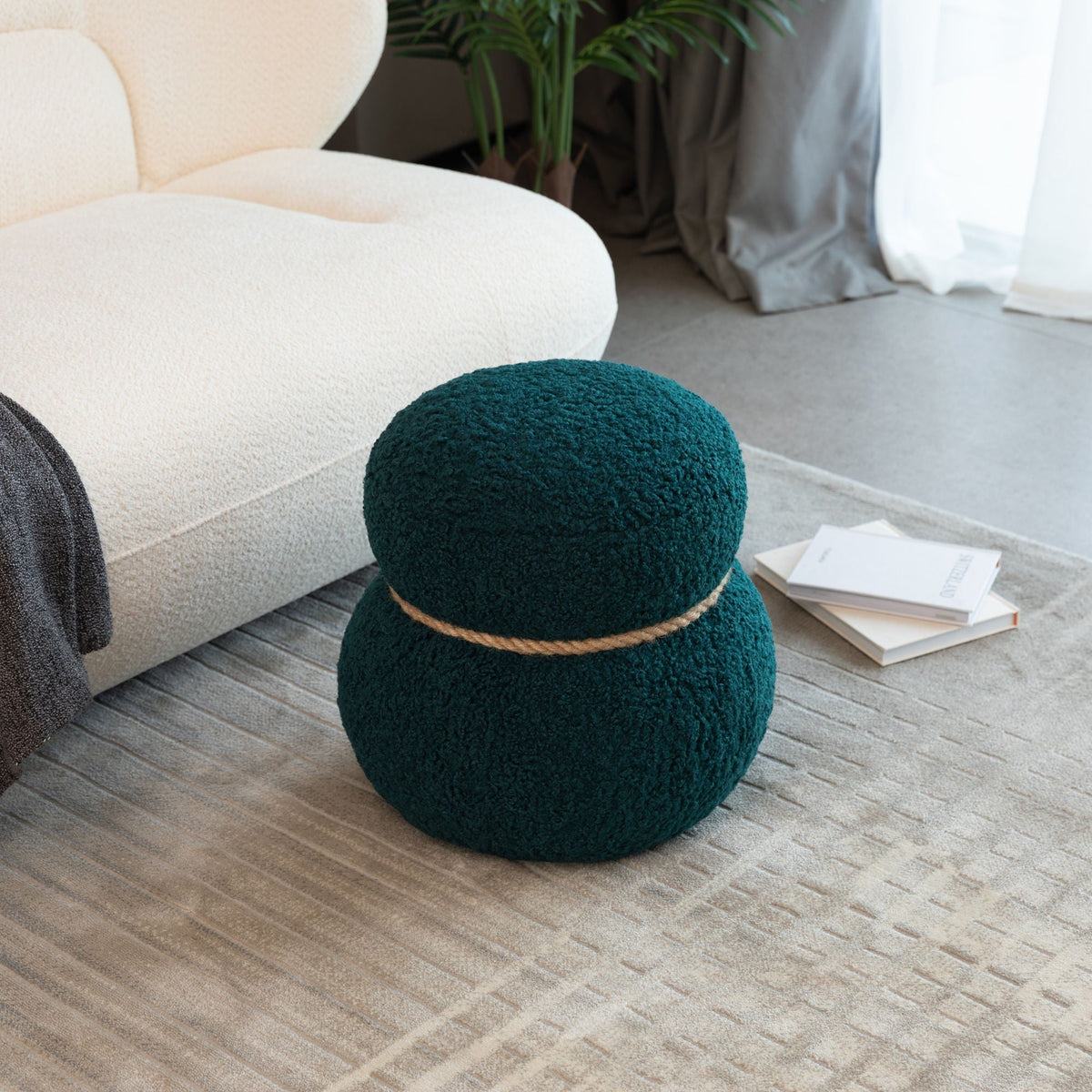 Snowman Stool Ottoman with Lamb Wool Cushion and Solid Wood Frame - White, Light Brown, Dark Green