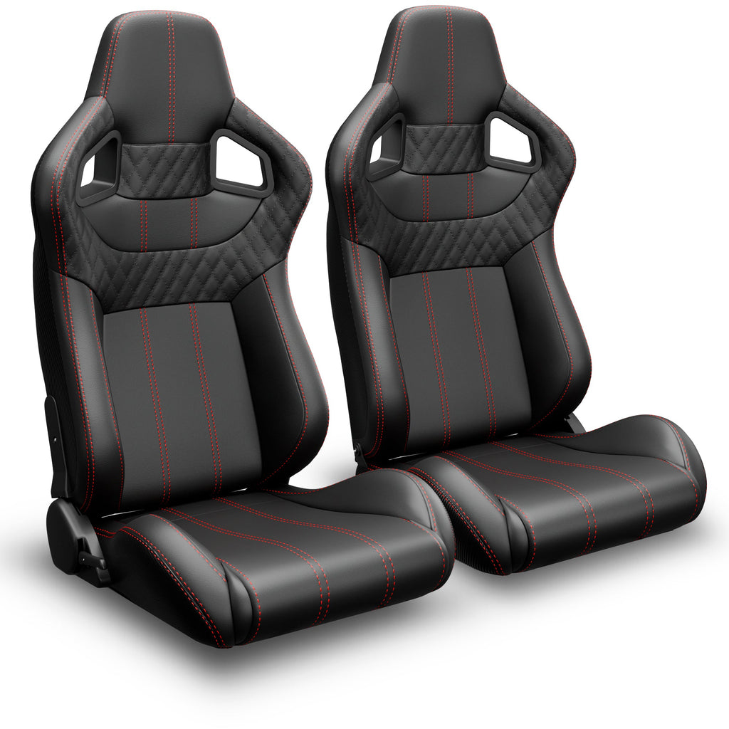 2PC Universal Bucket Racing Seats with Ergonomic Support - PVC Black