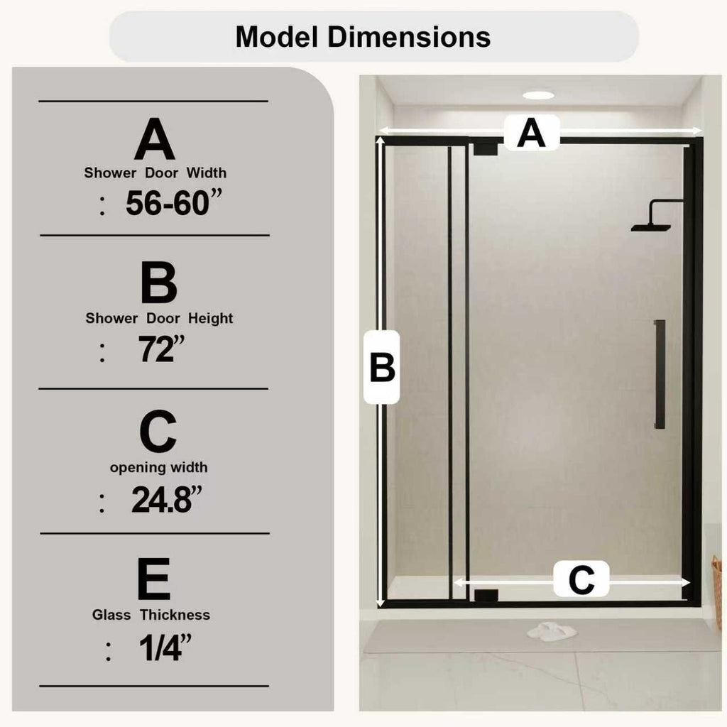 Semi Frameless Pivot Hinged Shower Door with Reversible Design - Black