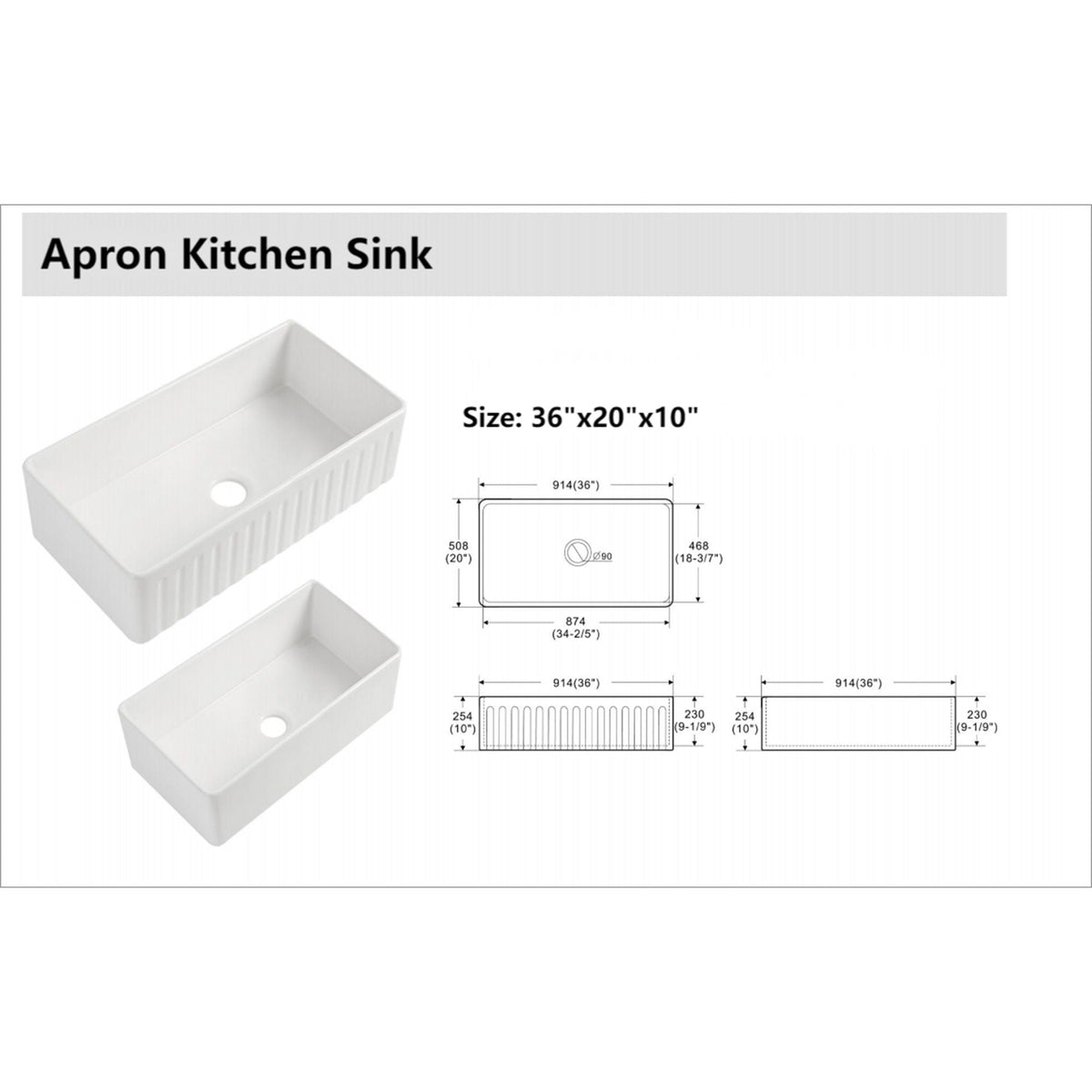 Ceramic Farmhouse Sink with Deep Basin and Stainless Steel Grid - White