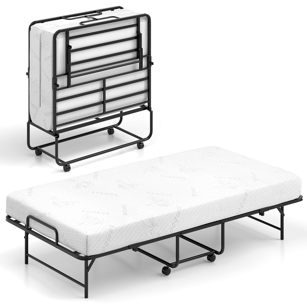 75 x 38 Inch Folding Bed with Mattress Twin Size Rolling Guest Bed