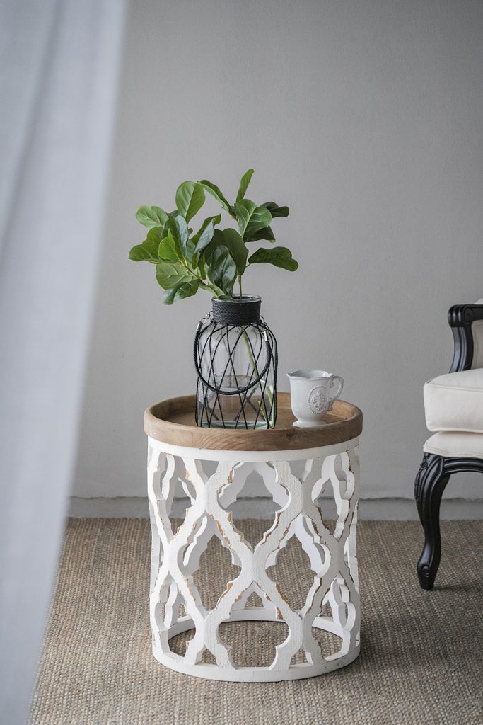 Rustic Round Wooden Side Table with Lattice Detail - Light Brown