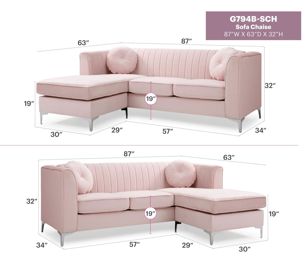 Micro Suede Sofa Chaise with Channel Quilting - Multiple Colors