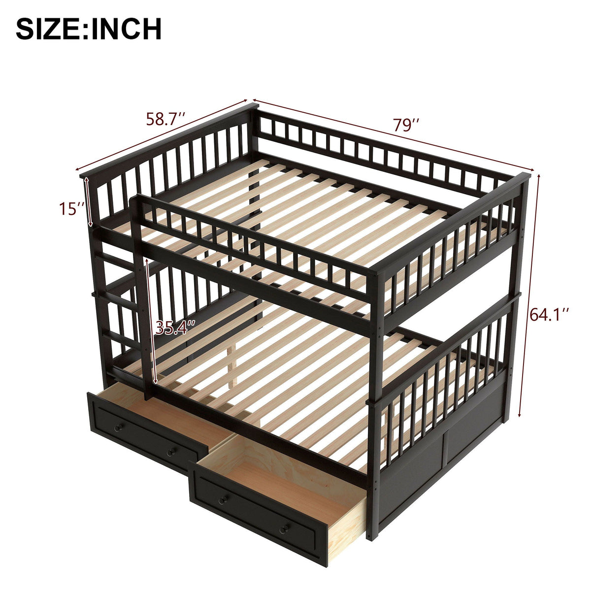 Convertible Bunk Bed With Drawers - Solid Wood with Storage - White, Dark Brown or Dark Gray