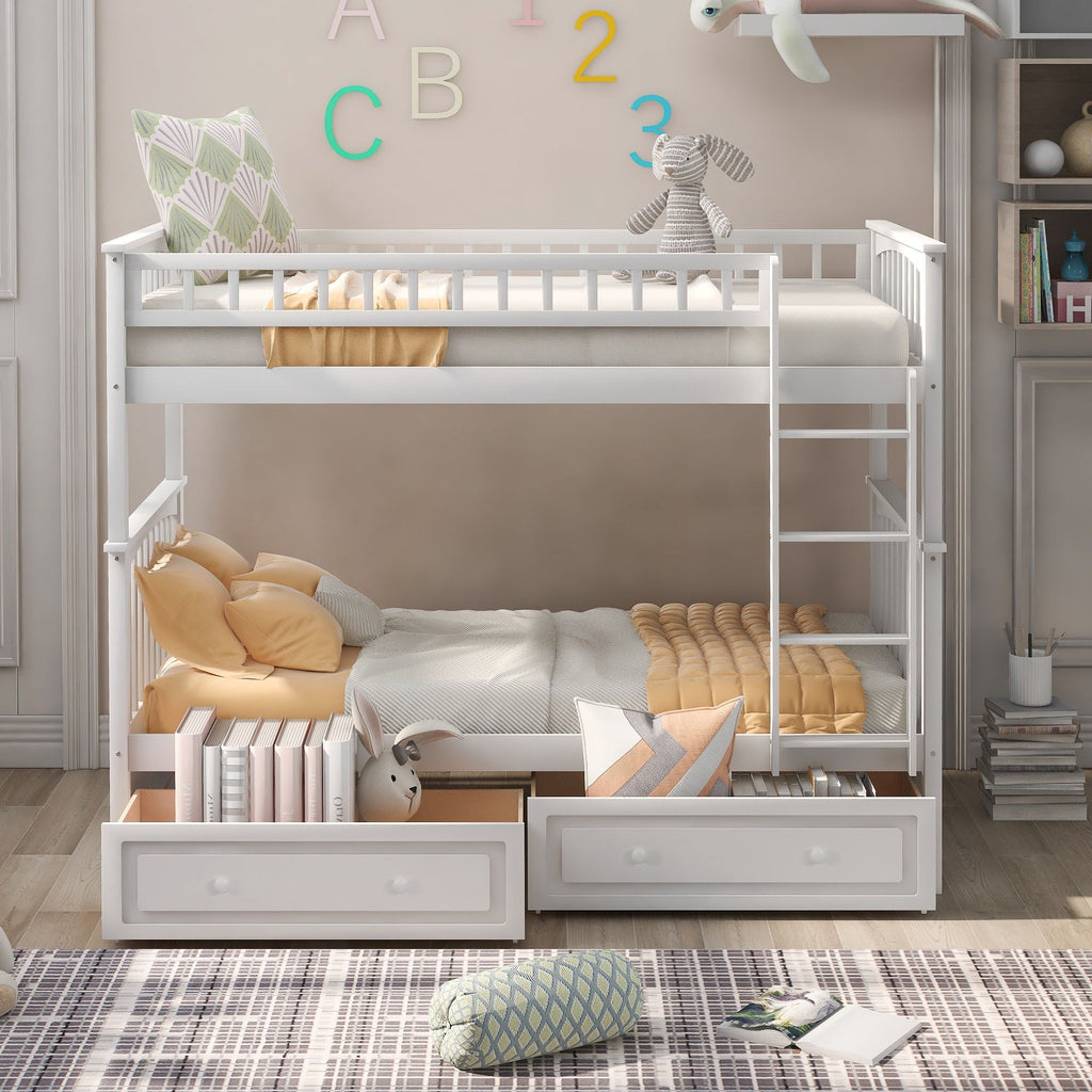 Twin Over Twin Bunk Bed with Drawers - Convertible, Solid Pine Wood - White or Dark Gray