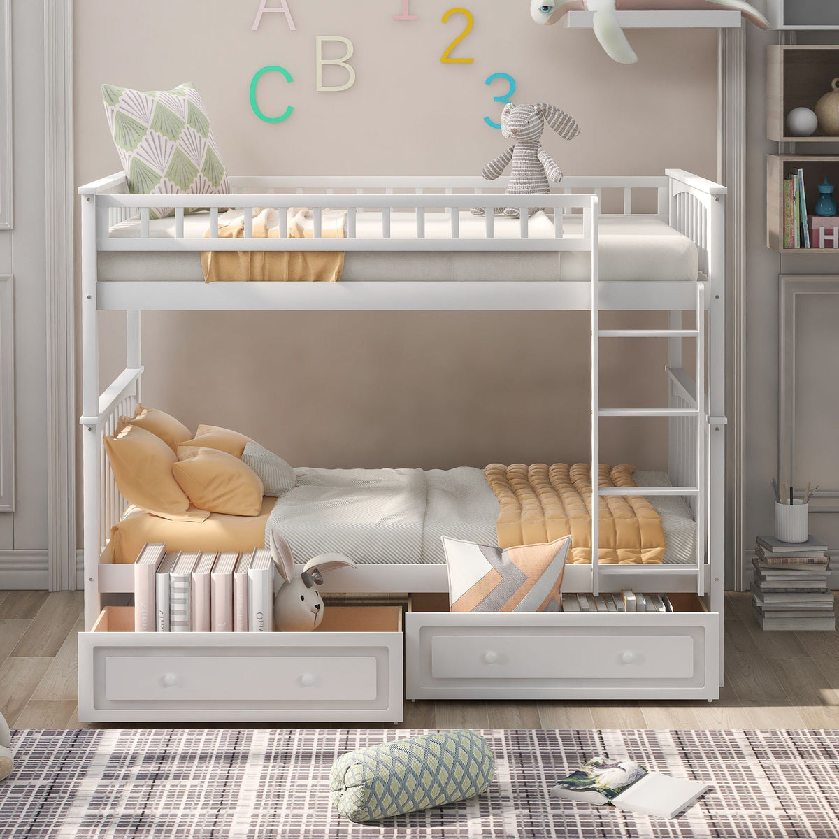 Twin Over Twin Bunk Bed with Drawers - Convertible, Solid Pine Wood - White or Dark Gray