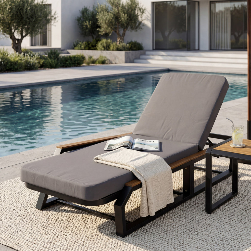 Adjustable 5-Position Outdoor Chaise Lounge with Cushion - Black, Grey, Teak or Cream, Teak, White