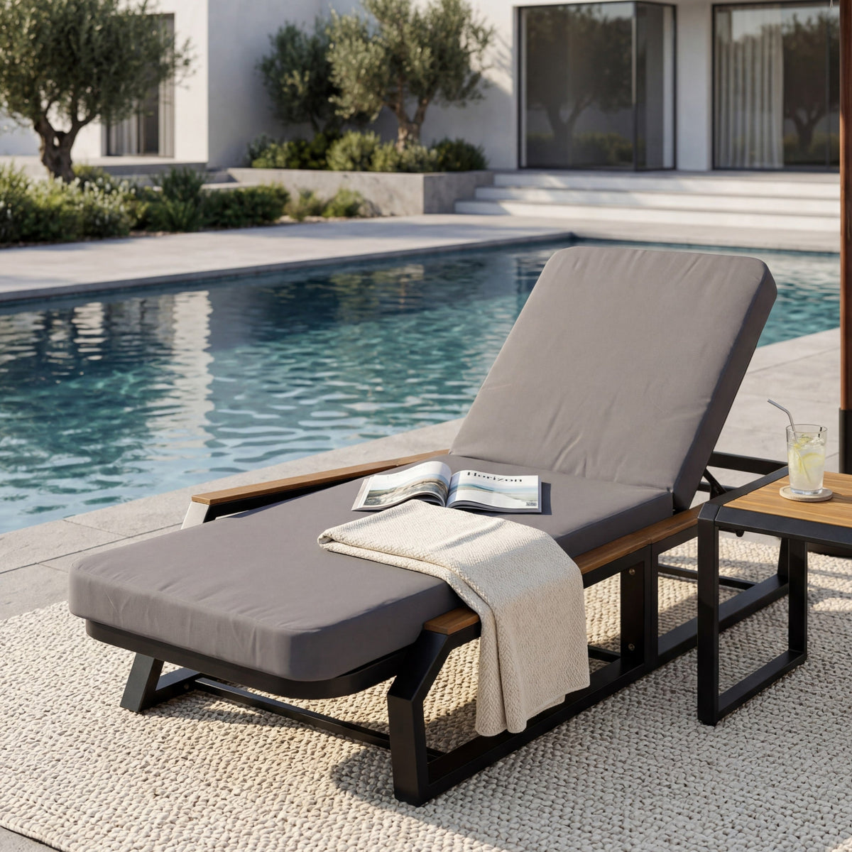 Adjustable 5-Position Outdoor Chaise Lounge with Cushion - Black, Grey, Teak or Cream, Teak, White