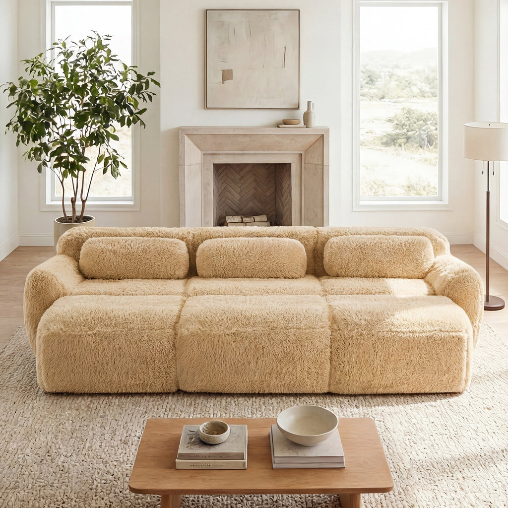 Plush Fabric 3-Seater Sofa with Movable Ottoman - Soft, Modular Comfort