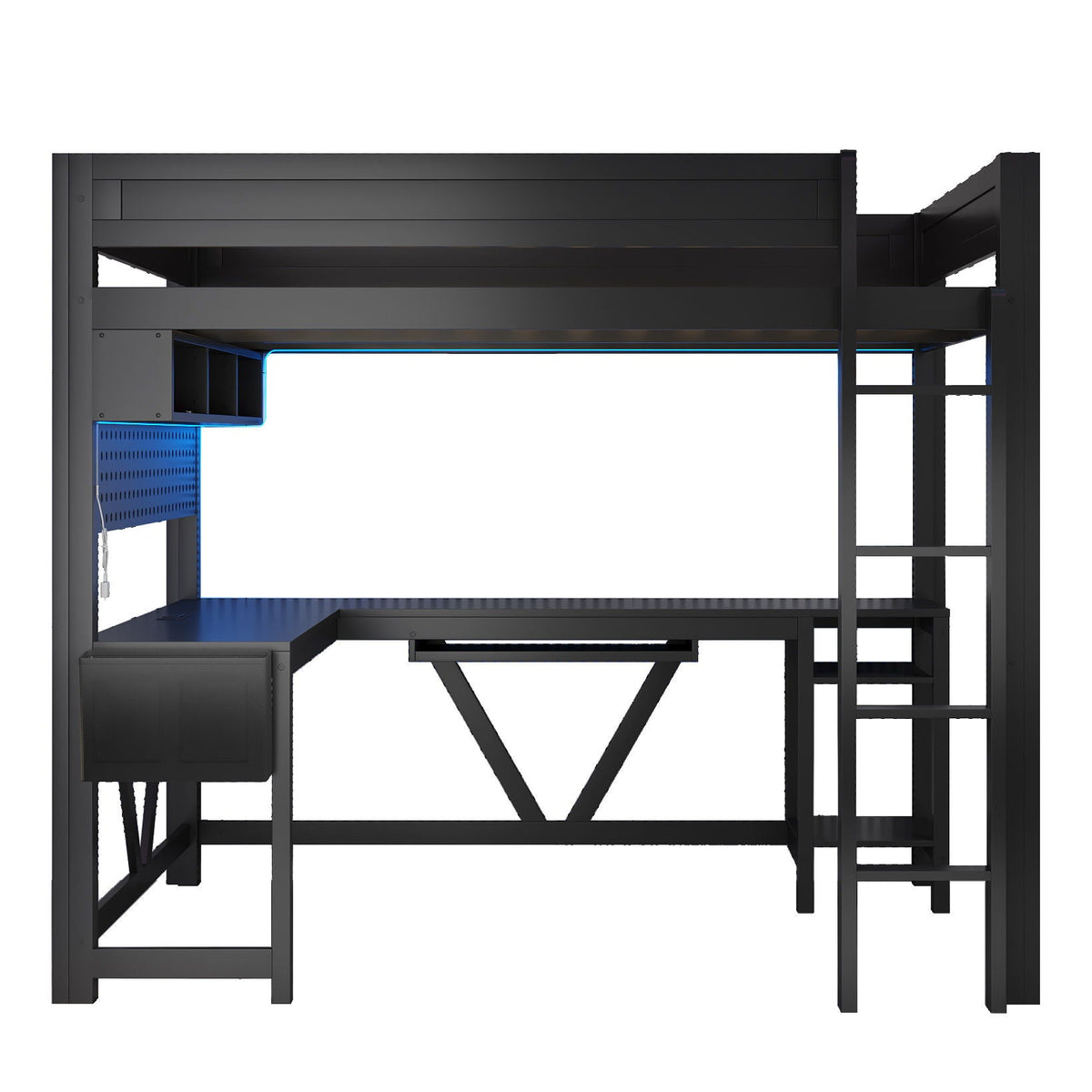 Gaming Loft Bed With Desk, Storage Shelves, LED and Charging Station - Full