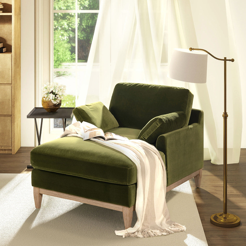 Olive Green Modern Farmhouse Chaise Lounge Chair with Sustainable Rubberwood Base