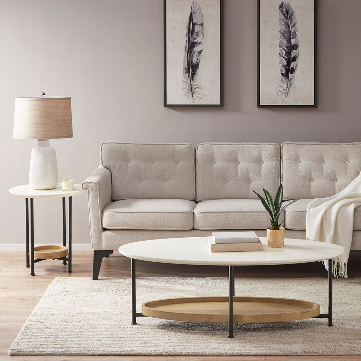 Oval Coffee Table with Storage Shelf - White / Natural