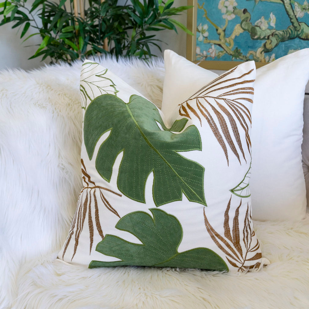 Autumn Vibes Leaf Accent Pillow with Soft Texture - Green, Dark Gray, Light Blue, Yellow, Orange