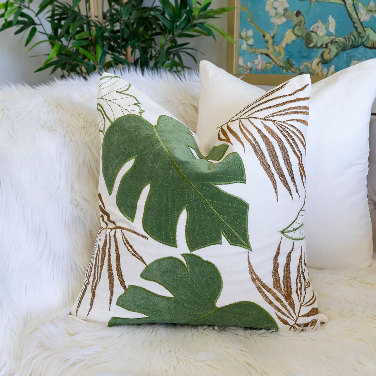 Autumn Vibes Leaf Accent Pillow with Soft Texture - Green, Dark Gray, Light Blue, Yellow, Orange