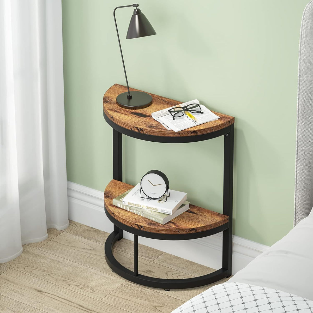 Slim Half Moon 2 Tier Semi Circle End Table with Wide Storage - Rustic Brown