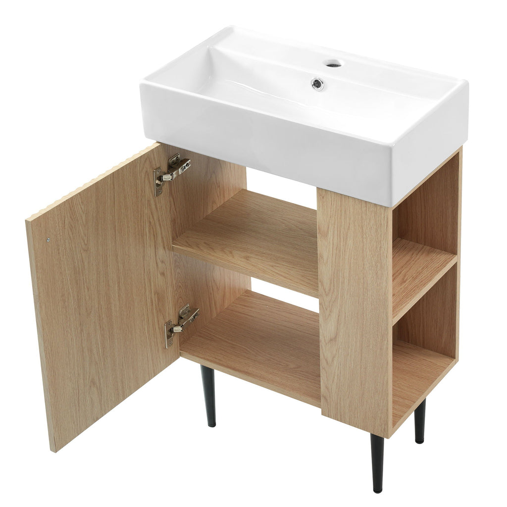 Bathroom Vanity with Single Ceramic Sink and Side Storage - Multiple Colors