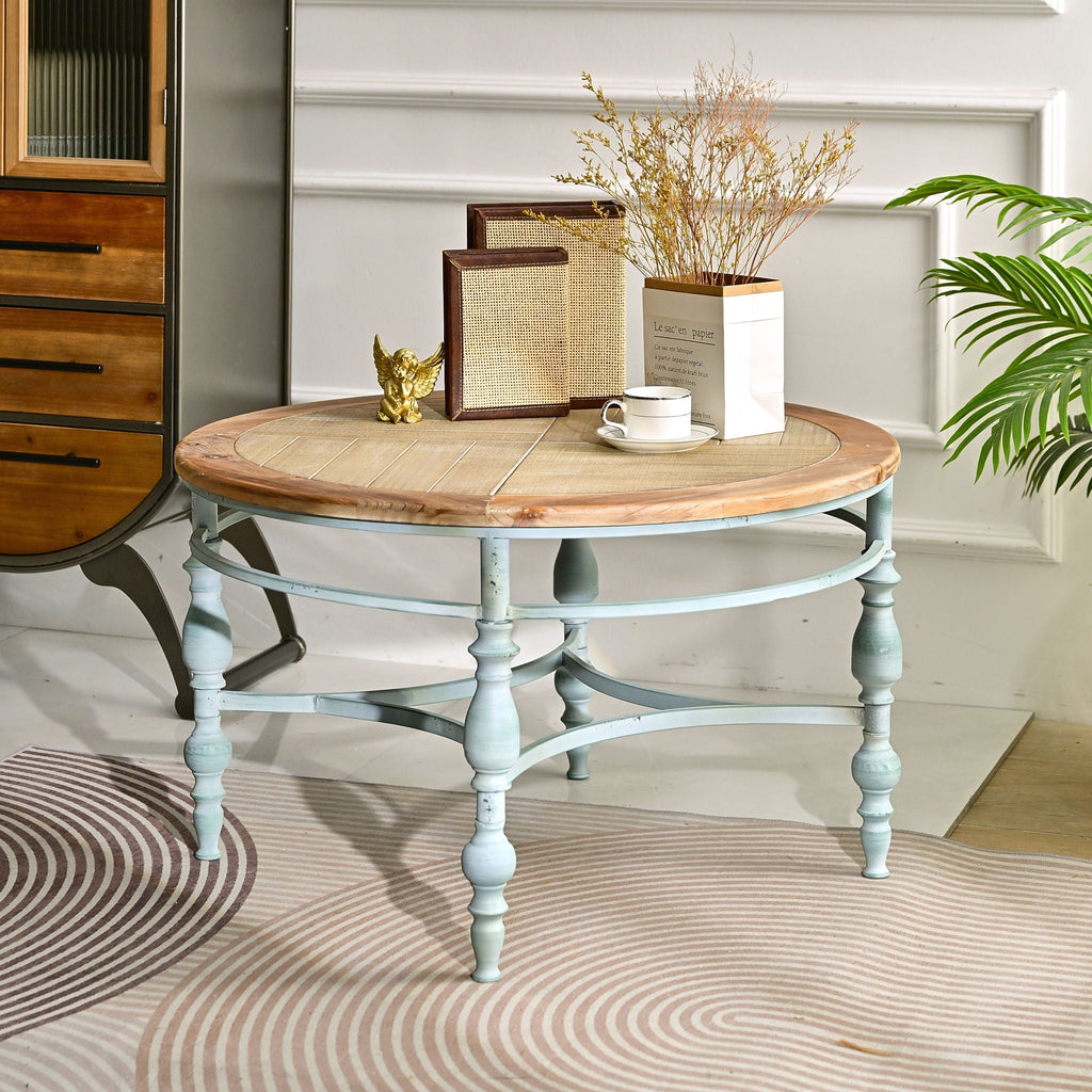 Round Top Carved Coffee Table with Metal Legs - Light Brown