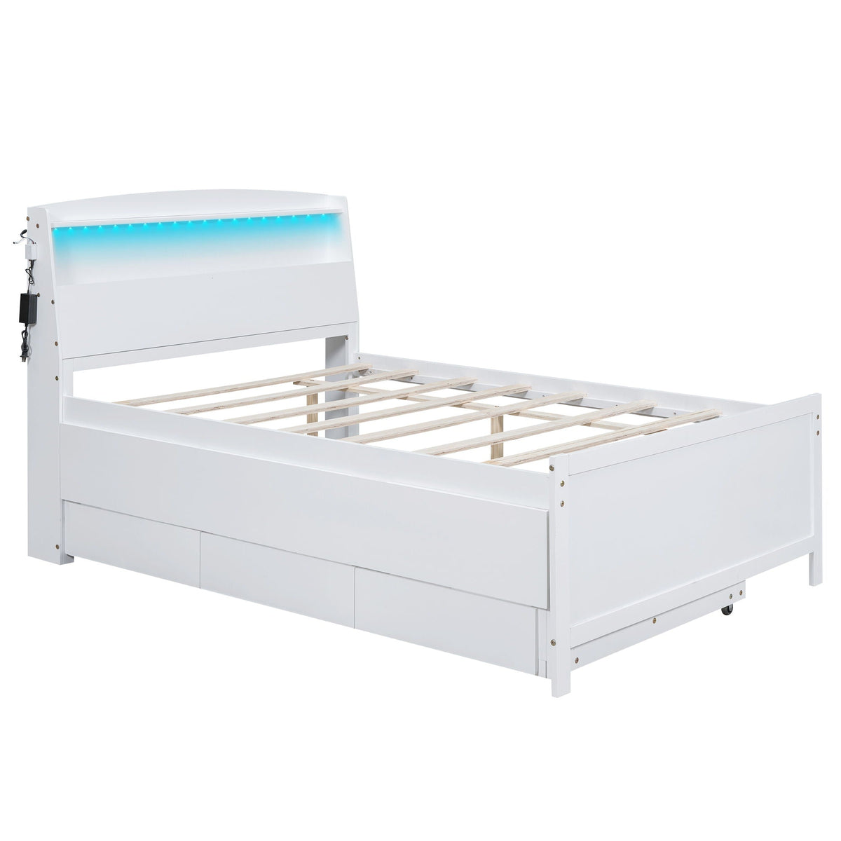 Full Size Platform Bed with Storage LED Headboard and Twin Trundle - White