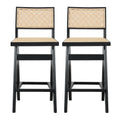 Black & Rattan Bar Stool Set with Full Back Support - Set of 2