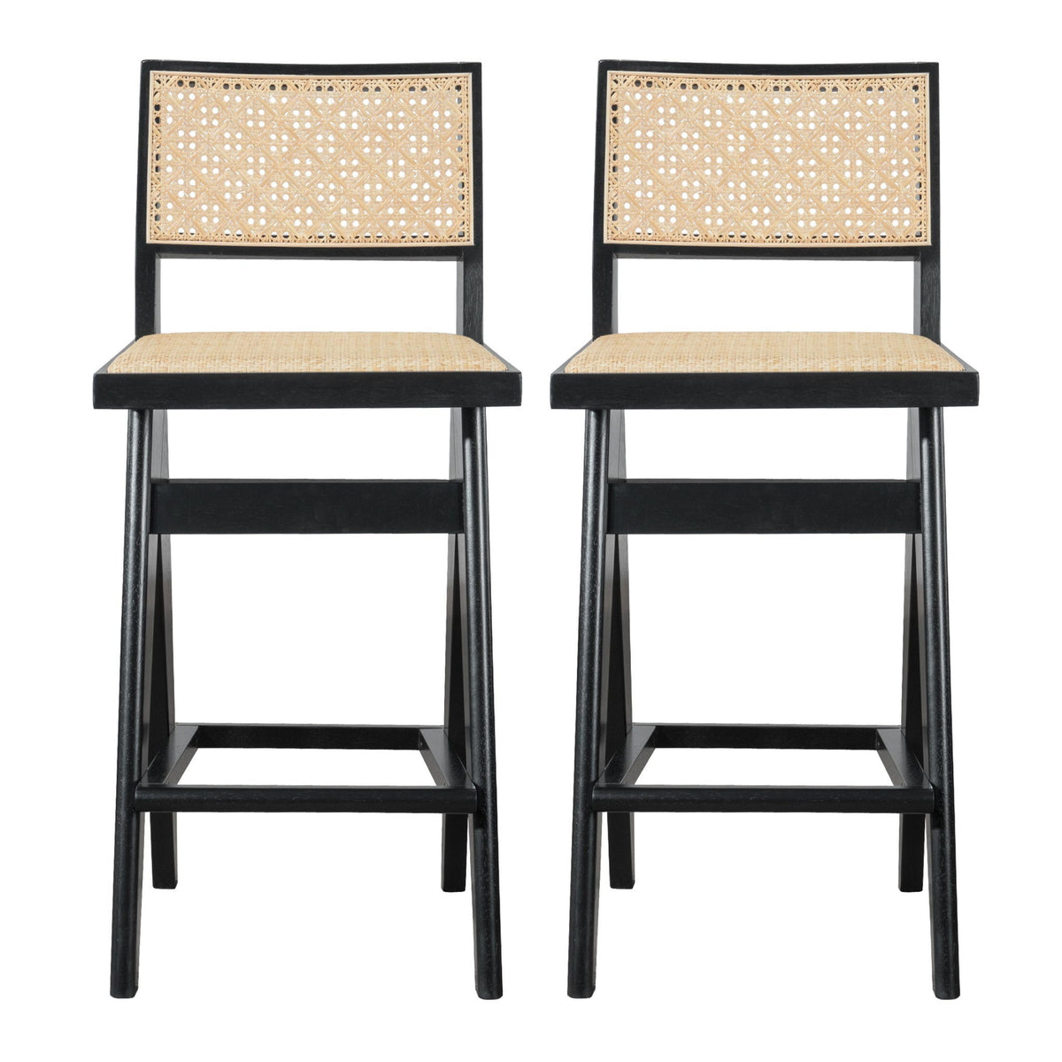 Black & Rattan Bar Stool Set with Full Back Support - Set of 2