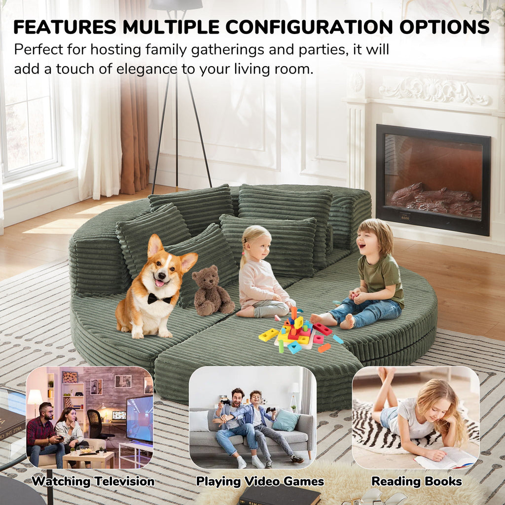 Semi Circular 2-in-1 Sofa Bed with Neck Pillow and Throw Pillows – Multiple Colors