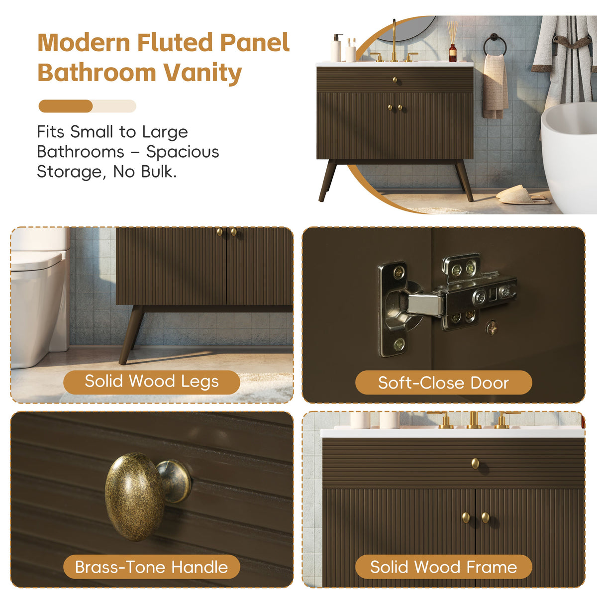 36" Luxury Striped Bathroom Vanity with Soft-Close Dual-Door Storage - Dark Brown