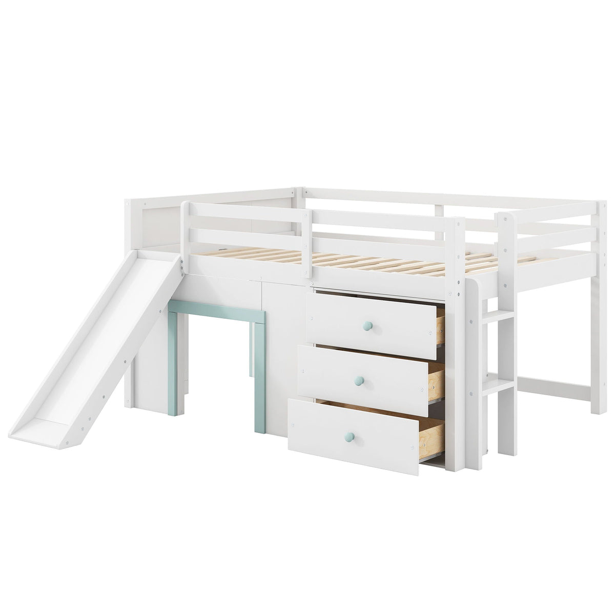 Modern Low Loft Bed with Slide, 3 Storage Drawers and 2 Doors - White