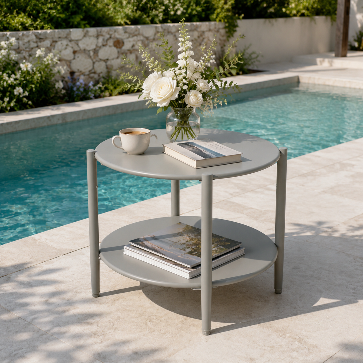 Metal Round Side Table with 2-Tier Storage - Grey