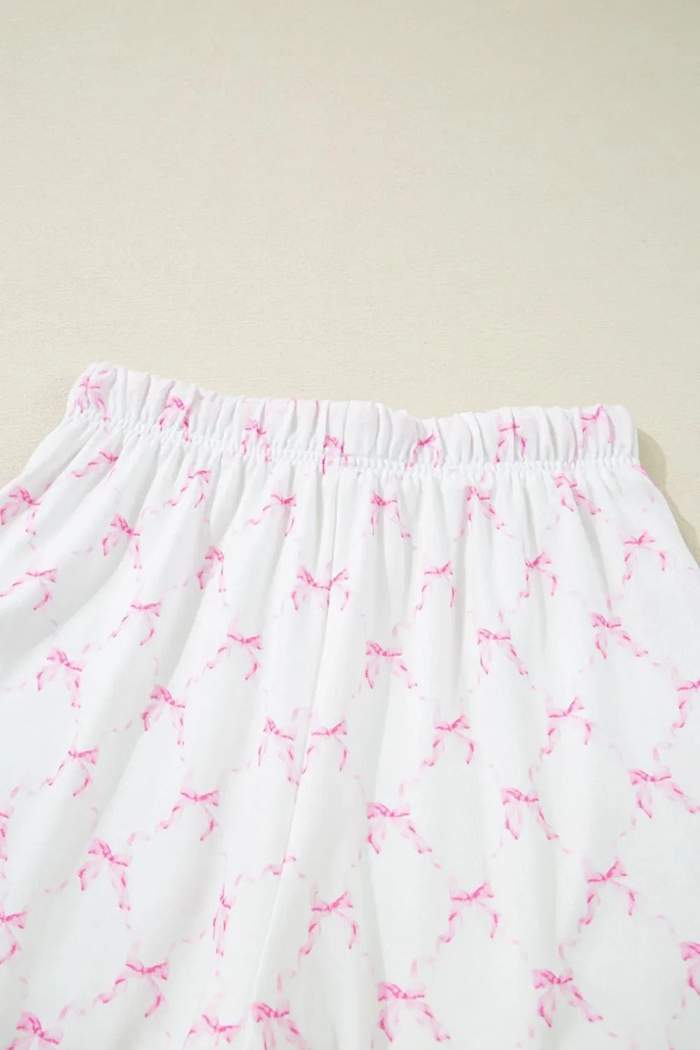 Bow Print Lettuce Trim Round Neck Top and Shorts Lounge Set