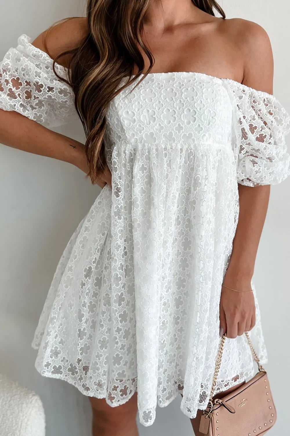 Lace Puff Sleeve Empire Waist Mini Dress