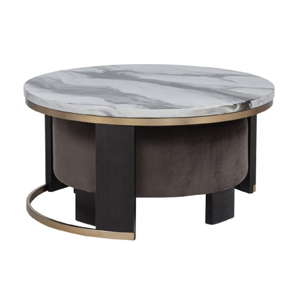 Nesting Round Coffee Table with Ottoman - Faux Marble Top - Gold/Brown