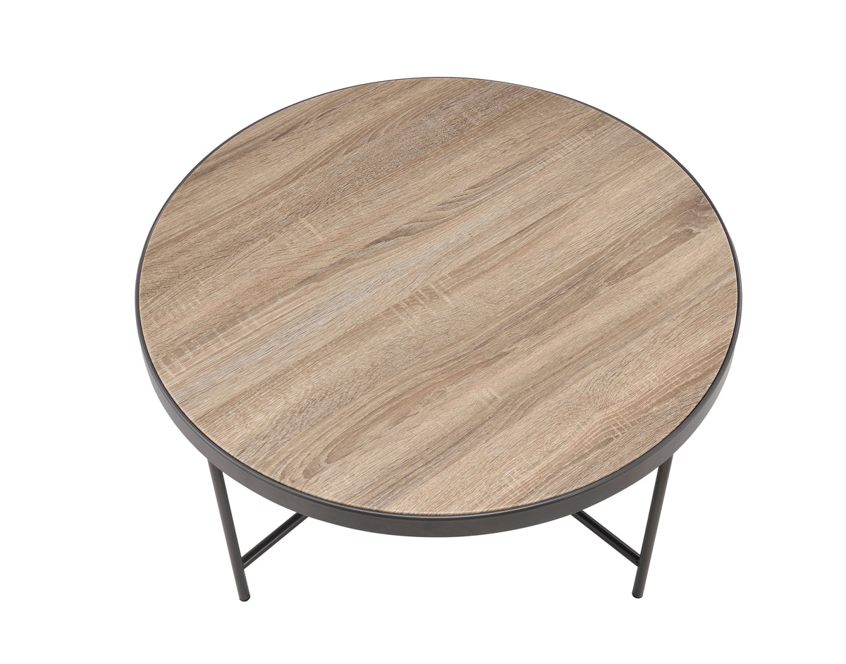Weathered Round Coffee Table with Metal Trim - Oak
