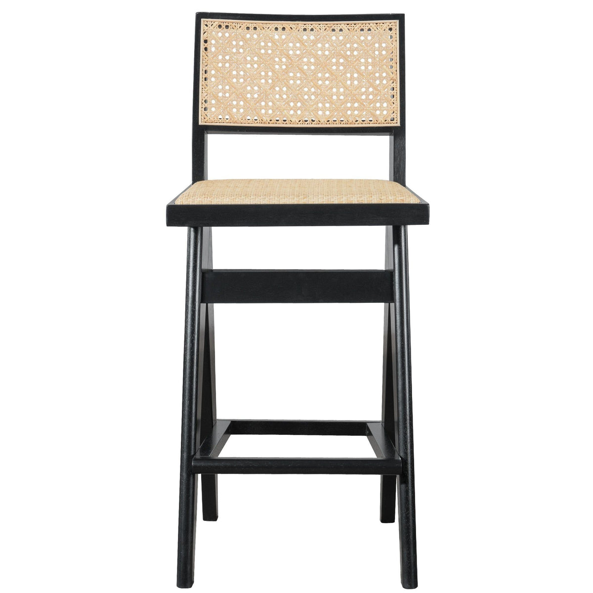 Black & Rattan Bar Stool Set with Full Back Support - Set of 2