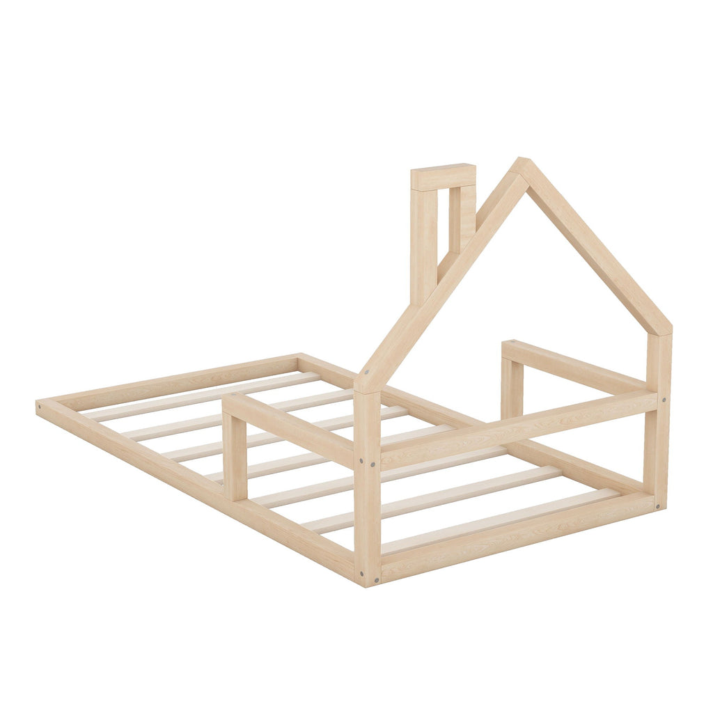Floor Bed With House Shaped Headboard - Twin Size, Solid Pine - White or Light Brown