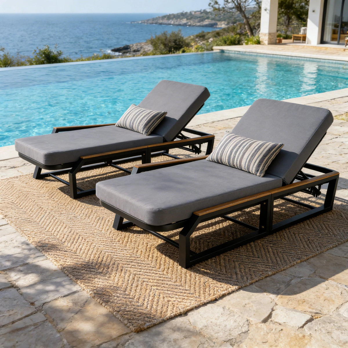 Adjustable 5-Position Outdoor Chaise Lounge with Cushion - Black, Grey, Teak or Cream, Teak, White