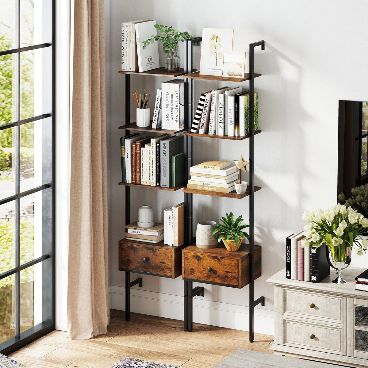5-Tier Ladder Bookcase with Drawer and Metal Frame for Study Home Office-Rustic Brown