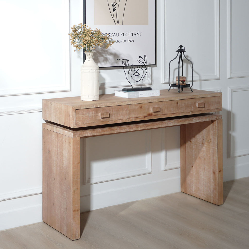 Rustic Wood Console Table with Three Drawers - Natural Finish