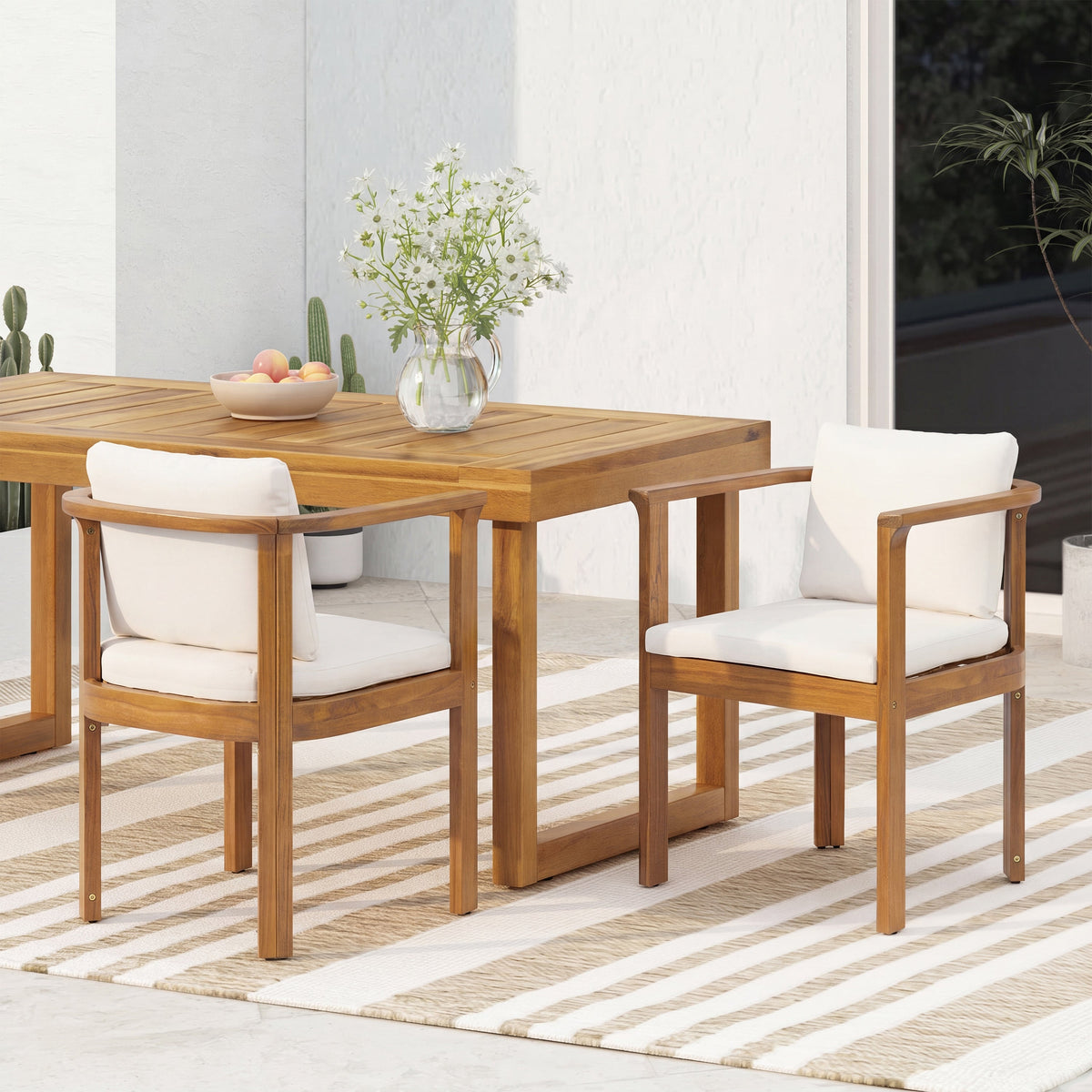 Outdoor Dining Chair Set of 2 with Curved Acacia Wood Arms - Teak Finish