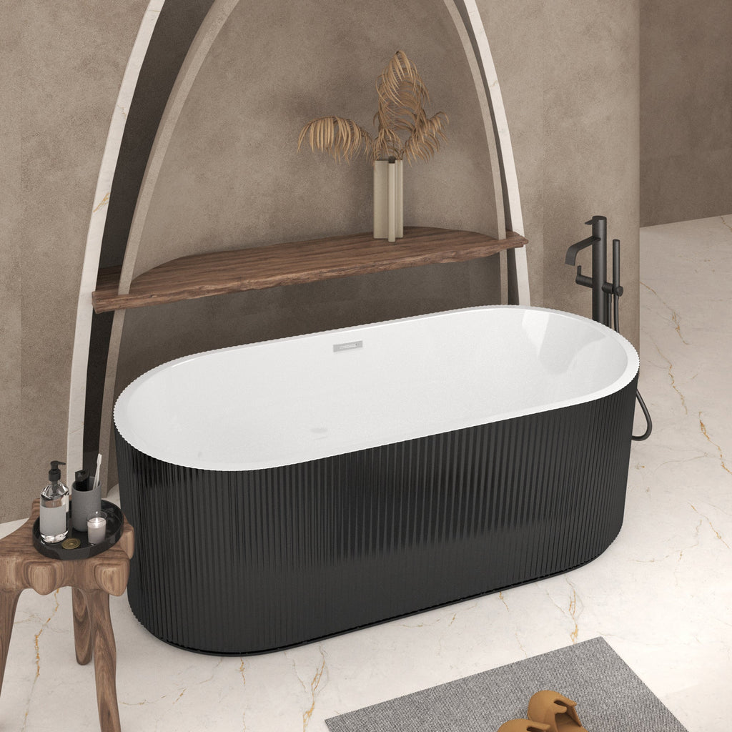 59-Inch Linear Acrylic Freestanding Soaker Bathtub with Ergonomic Design - Black