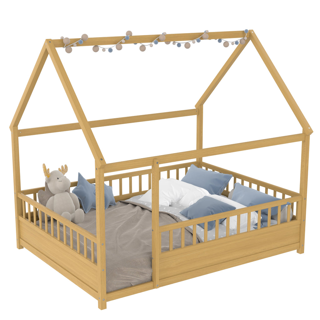 Full Size Wooden Bed with House Roof Frame - Natural