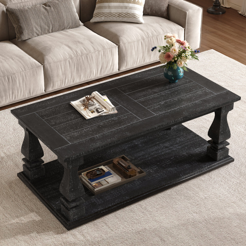 Farmhouse Coffee Table with Storage Shelf 47" Rustic Solid Wood Planked Top & Square Baluster Legs