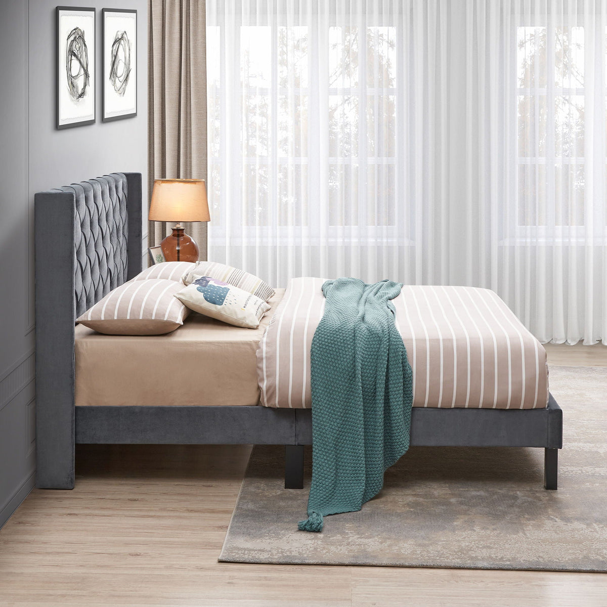 Gray Velvet Upholstered Queen Platform Bed with Wingback and Wood Slat Support