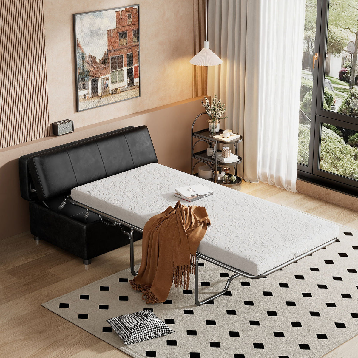 Twin Size Folding Ottoman Sleeper Bed with Mattress - Light Brown, Black, Dark Gray, White