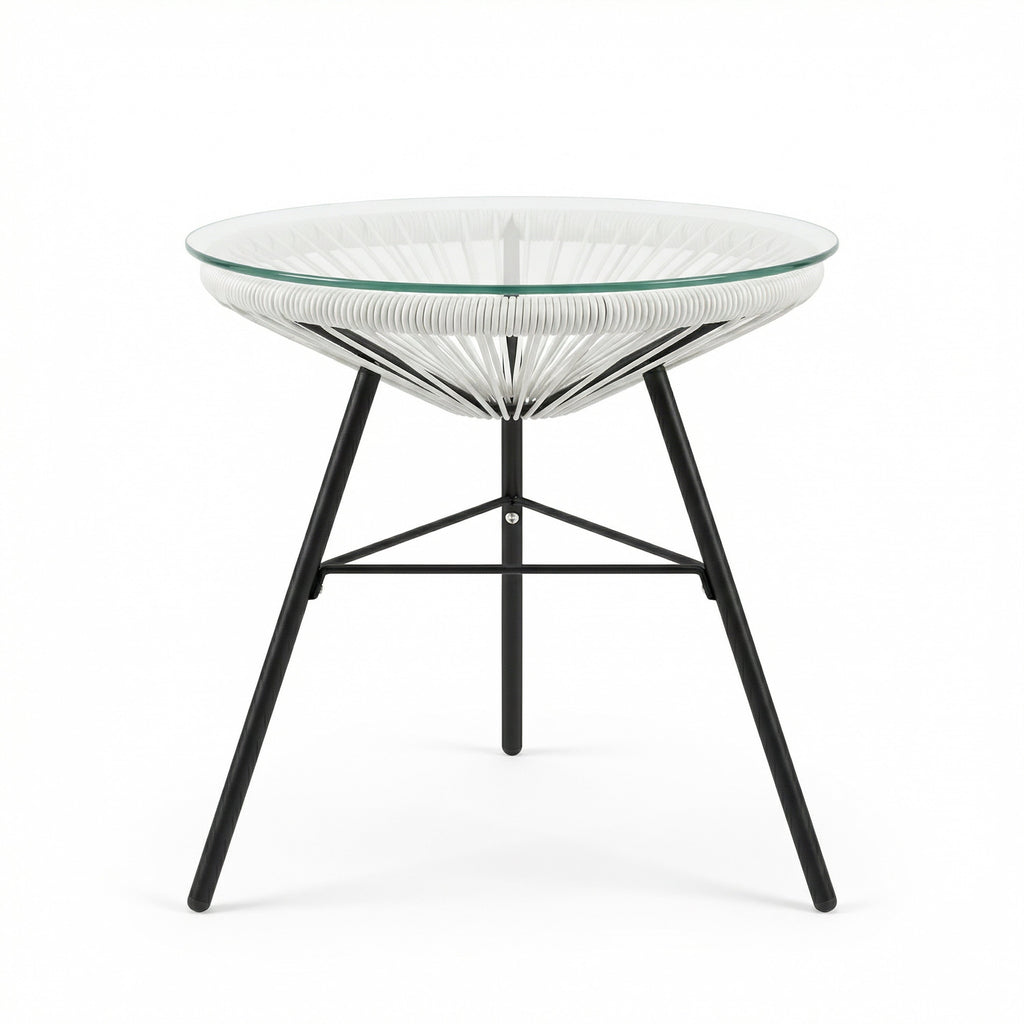 Synthetic Wicker Outdoor Side Table with Tempered Glass Top - White