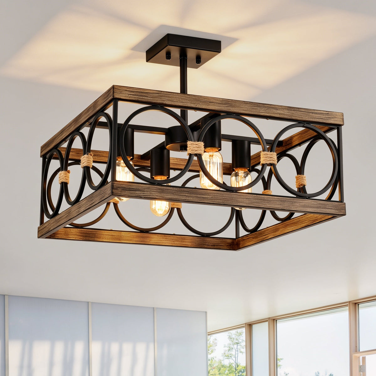 4-Light Square Kitchen Island Light with Farmhouse Metal Frame - Black
