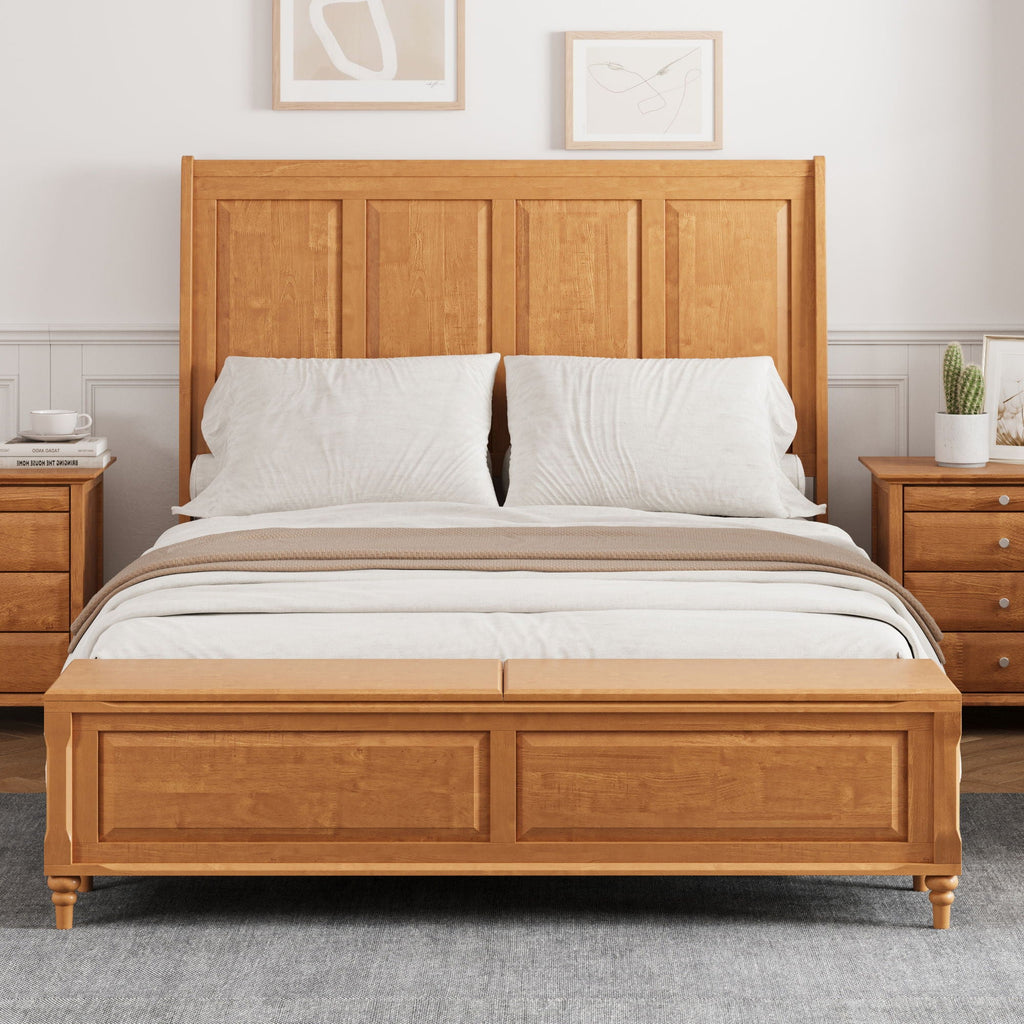 Sleigh Bed Frame with Tall Headboard and Storage Bench - Dark or Light Brown