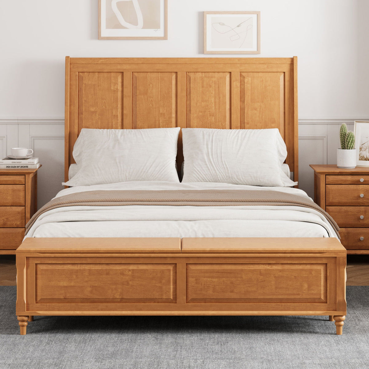 Sleigh Bed Frame with Tall Headboard and Storage Bench - Dark or Light Brown
