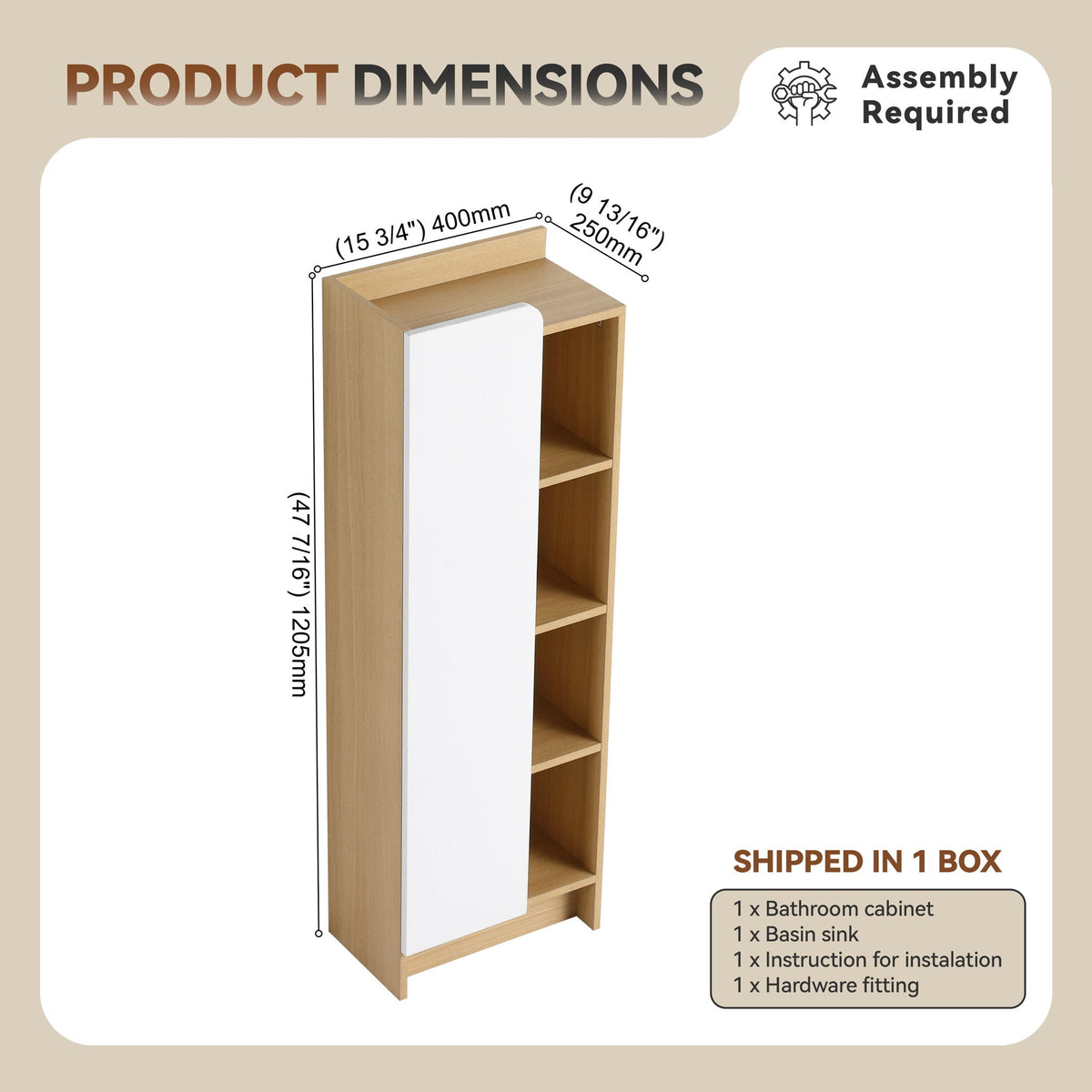 Tall Freestanding Bathroom Side Cabinet with Single Door & 4 Tier Open Shelves - Black / Light Oak / White