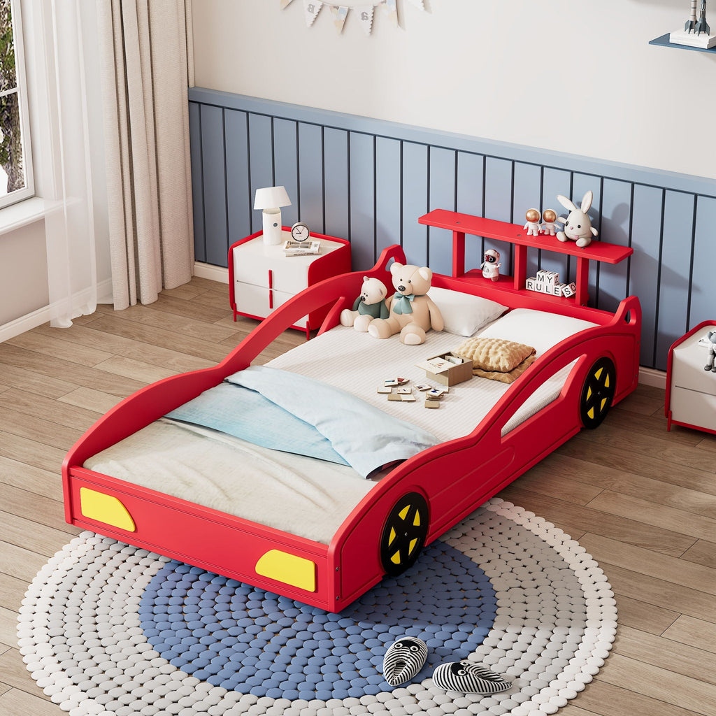 Race Car Platform Bed with Built-In Storage and Side Rails - Twin Size, Red or Blue