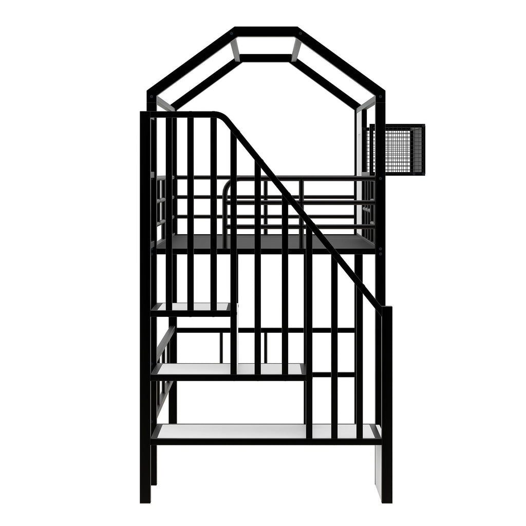 Metal Loft Bed With Roof Design and Storage Box with Guardrails and Integrated Ladder - Twin
